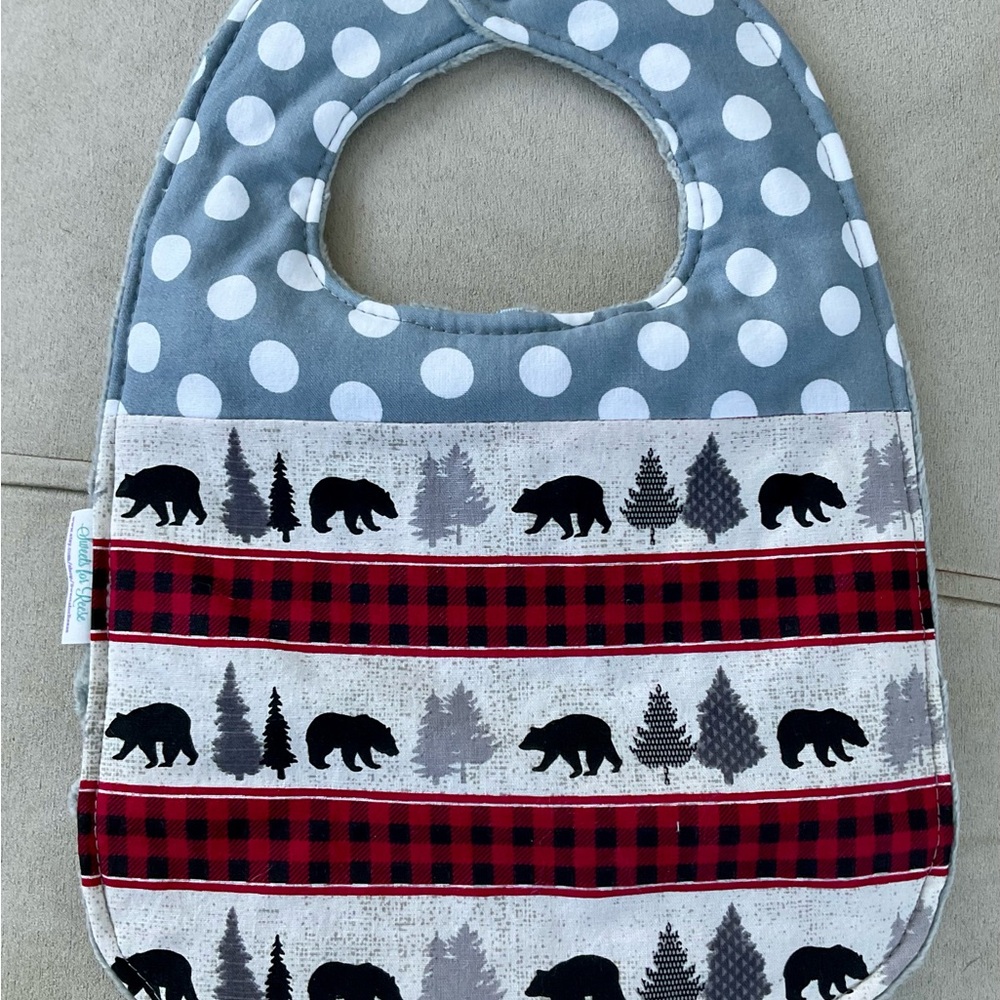 Bear and Tree Pattern Handmade Baby Bib - Gray and Red NWT